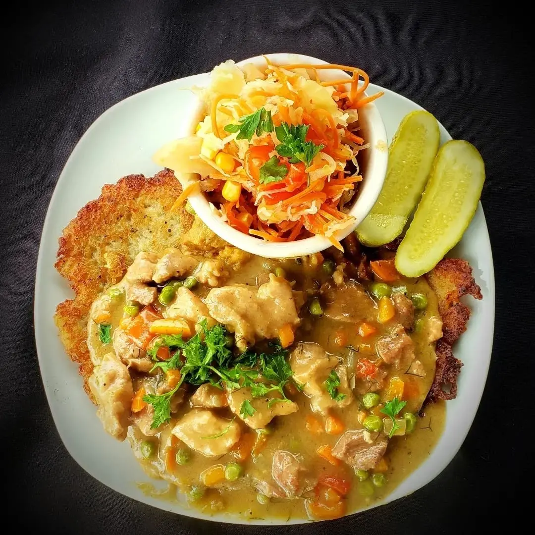 vegan potato pancakes with vegan goulash